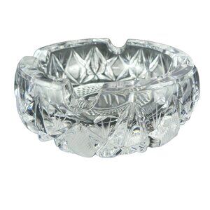 Vintage Pressed Glass Ashtray With Etched Geometric Pattern & Four Slots 6" Dia